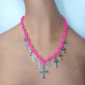 Plastic Bright Pink Link Necklace with Silver Cross Pendants.
